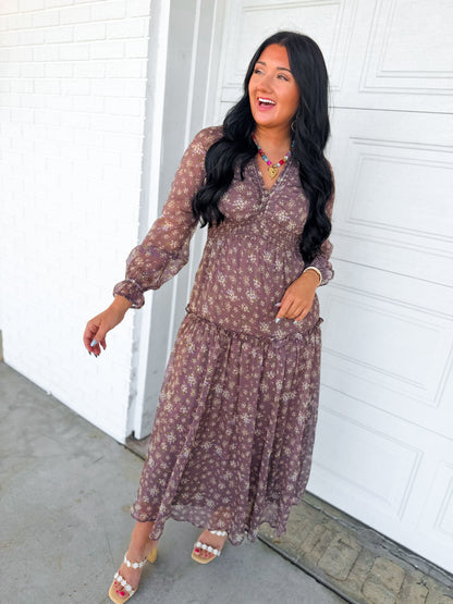 Smocked Floral Ruffle Detail Maxi Dress - Chestnut