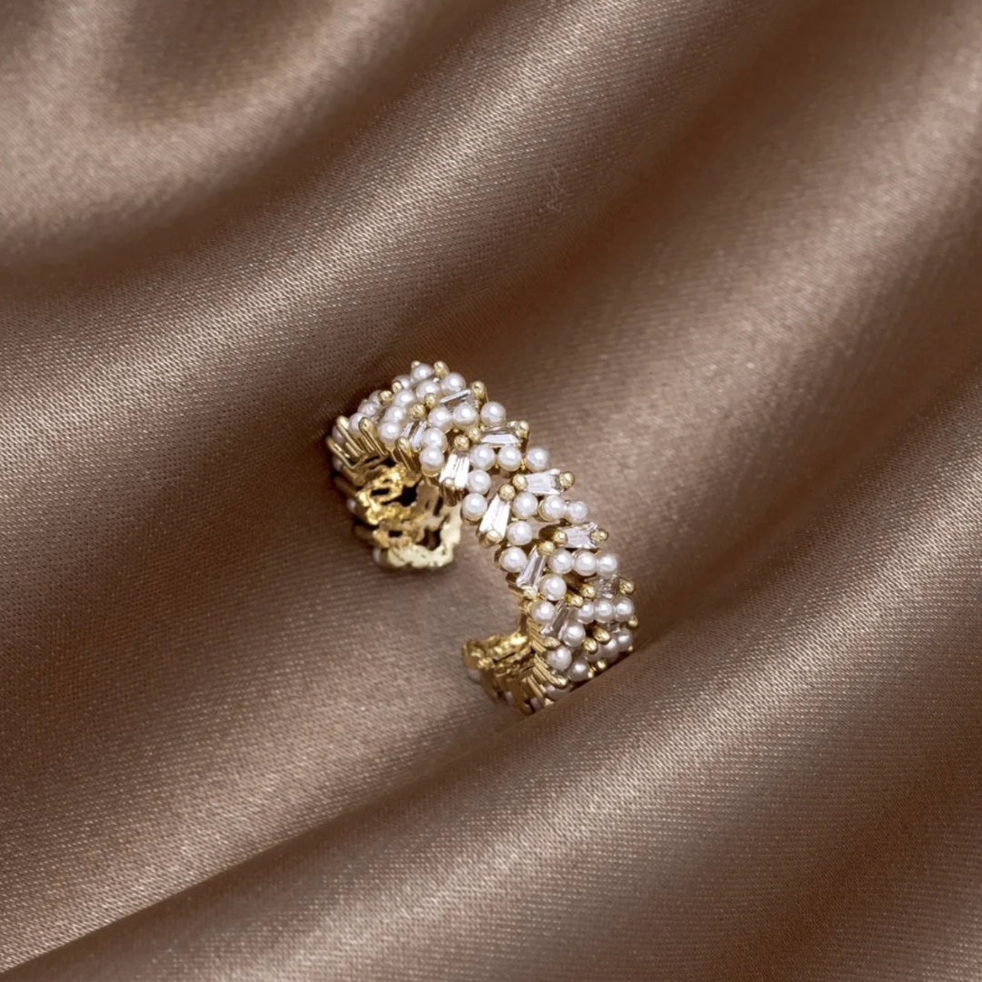 Pearl Cluster Cuff Ring with Gold-Tone Filigree
