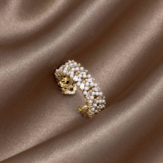 Pearl Cluster Cuff Ring with Gold-Tone Filigree