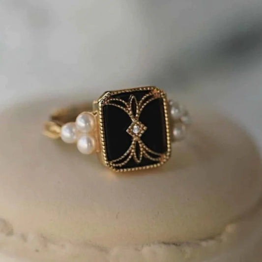 Vintage Black Stone Ring with Pearl Bead Accents