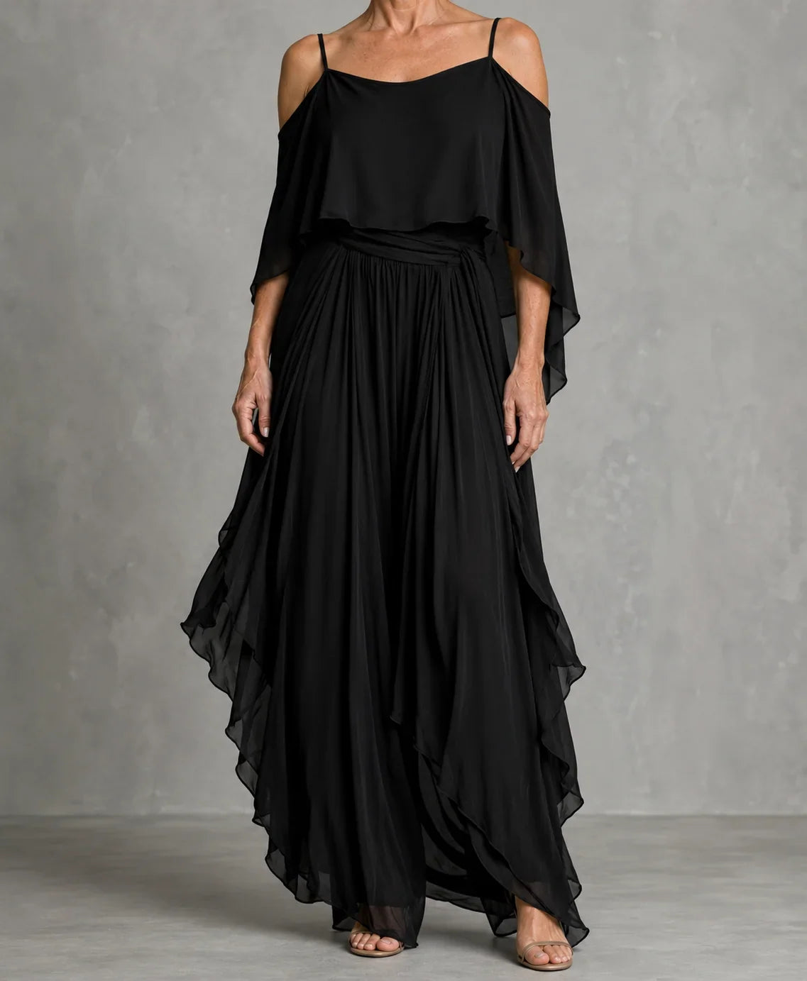 Grey off-shoulder flowy camisole and trousers chiffon set