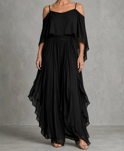 Grey off-shoulder flowy camisole and trousers chiffon set
