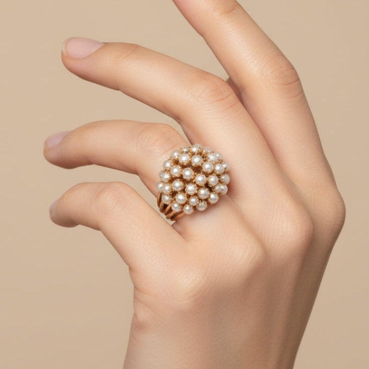 Pearl Cluster Ring with Textured Gold-Tone Band