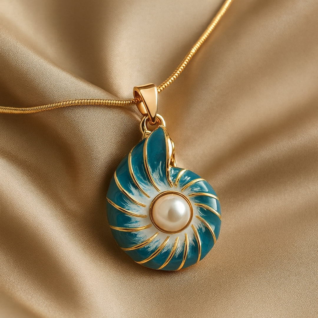 Teal Shell Pendant Necklace with Pearl Accent and Gold-Tone Chain