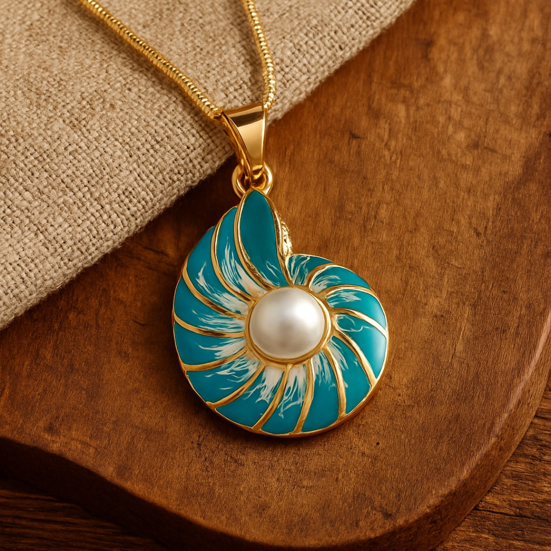 Teal Shell Pendant Necklace with Pearl Accent and Gold-Tone Chain