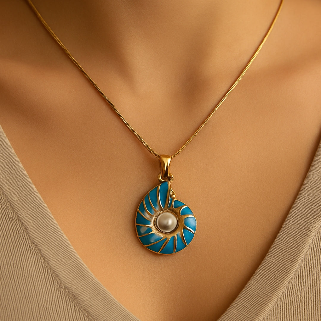 Teal Shell Pendant Necklace with Pearl Accent and Gold-Tone Chain