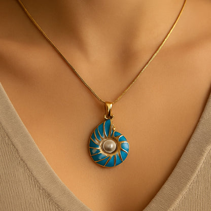 Teal Shell Pendant Necklace with Pearl Accent and Gold-Tone Chain