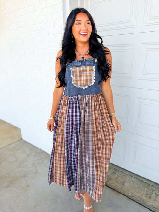 Mixed Plaid Denim Overall Maxi Dress - Multicolour