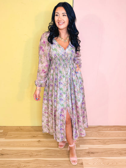 Tencel Floral Smocked Button Down Maxi Dress - Eucalyptus