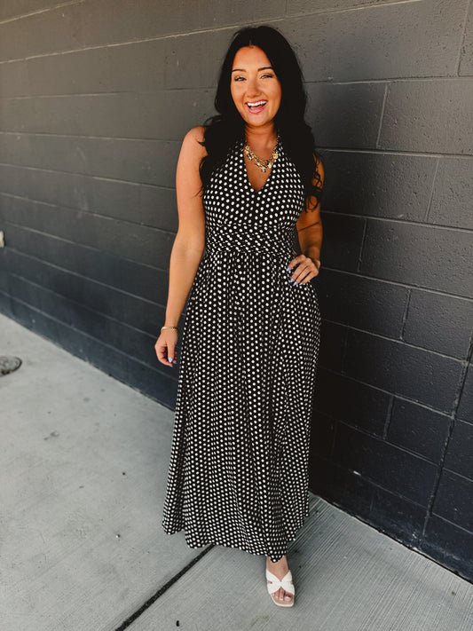 Polka Dot Halter Dress - Black