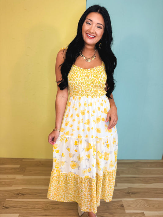 Strap Tied Smocked Mixed Print Midi Dress - Yellow Bell Mix