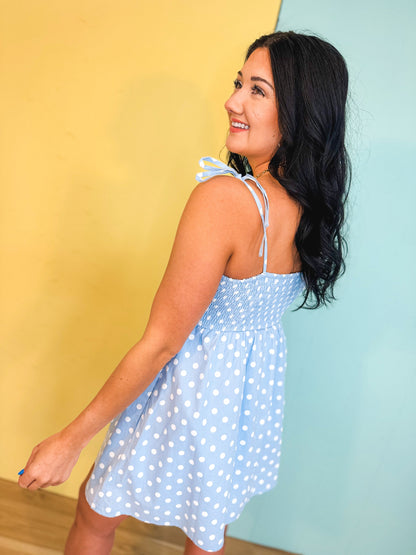 Polka Dot Pleated Mini Dress - Sky/White