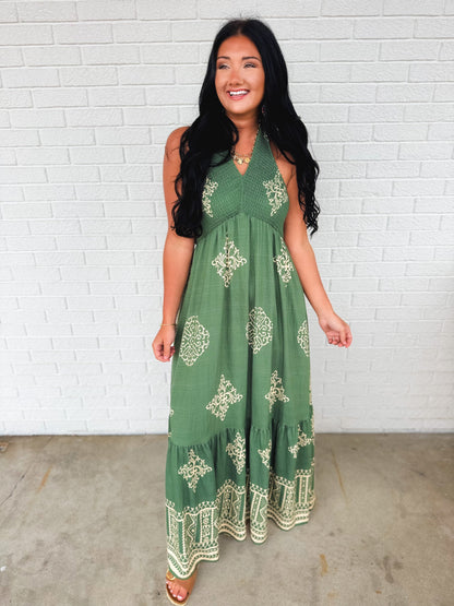 Smocked Border Print Maxi Dress - Rich Teal