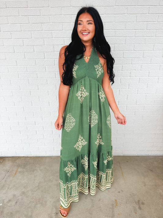 Smocked Border Print Maxi Dress - Rich Teal