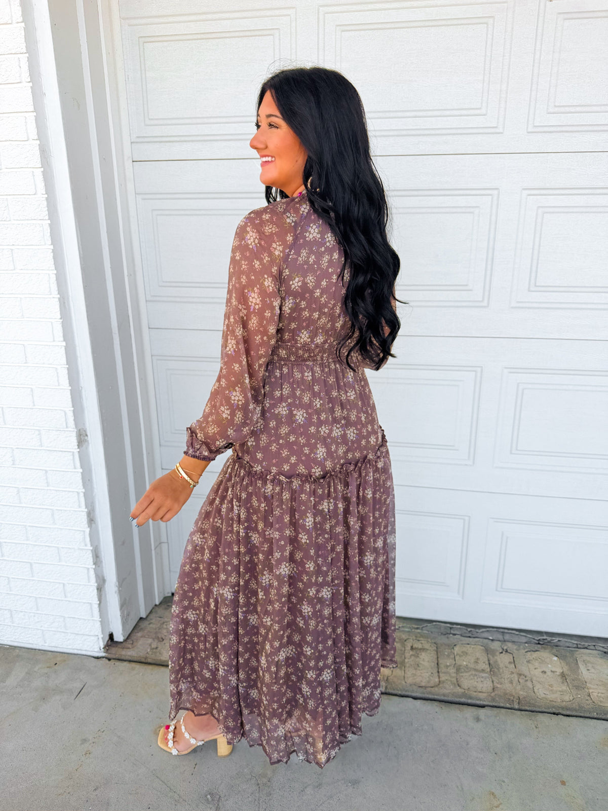 Smocked Floral Ruffle Detail Maxi Dress - Chestnut