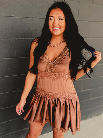 Satin Slip Lace Trim Babydoll Mini Dress - Mocha