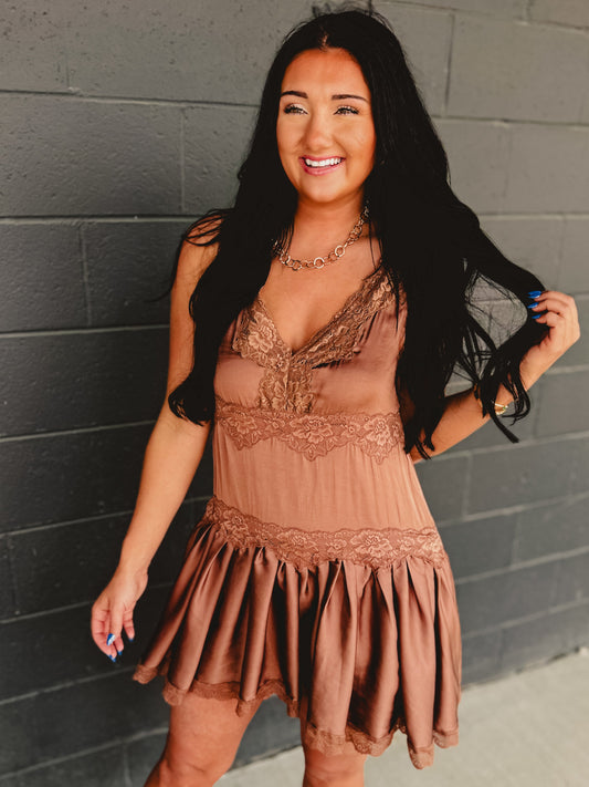 Satin Slip Lace Trim Babydoll Mini Dress - Mocha