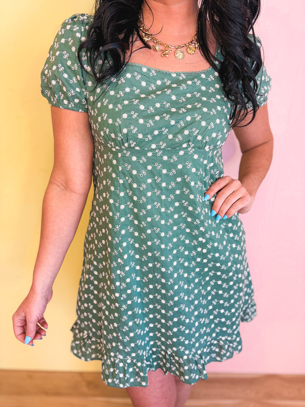 Embroidered Babydoll Mini Dress - Eucalyptus