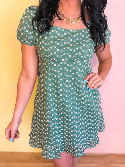Embroidered Babydoll Mini Dress - Eucalyptus