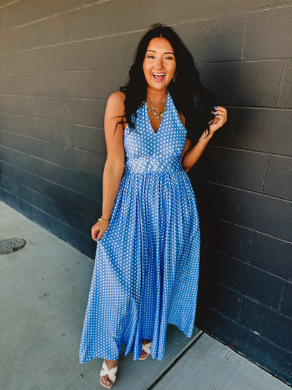 Polka Dot Halter Maxi Dress - Airy Blue