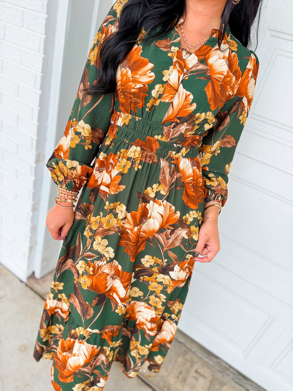 Smocked Floral Printed Long Sleeve Midi Dress - Green Multi