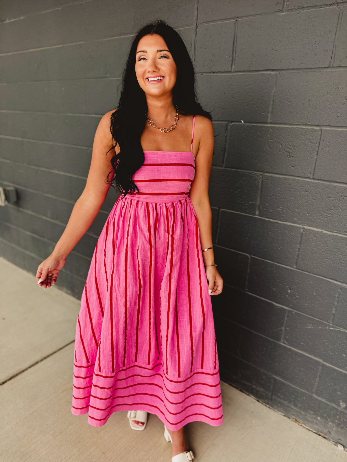Striped Woven Cotton Flare Midi Dress - Pink Multi