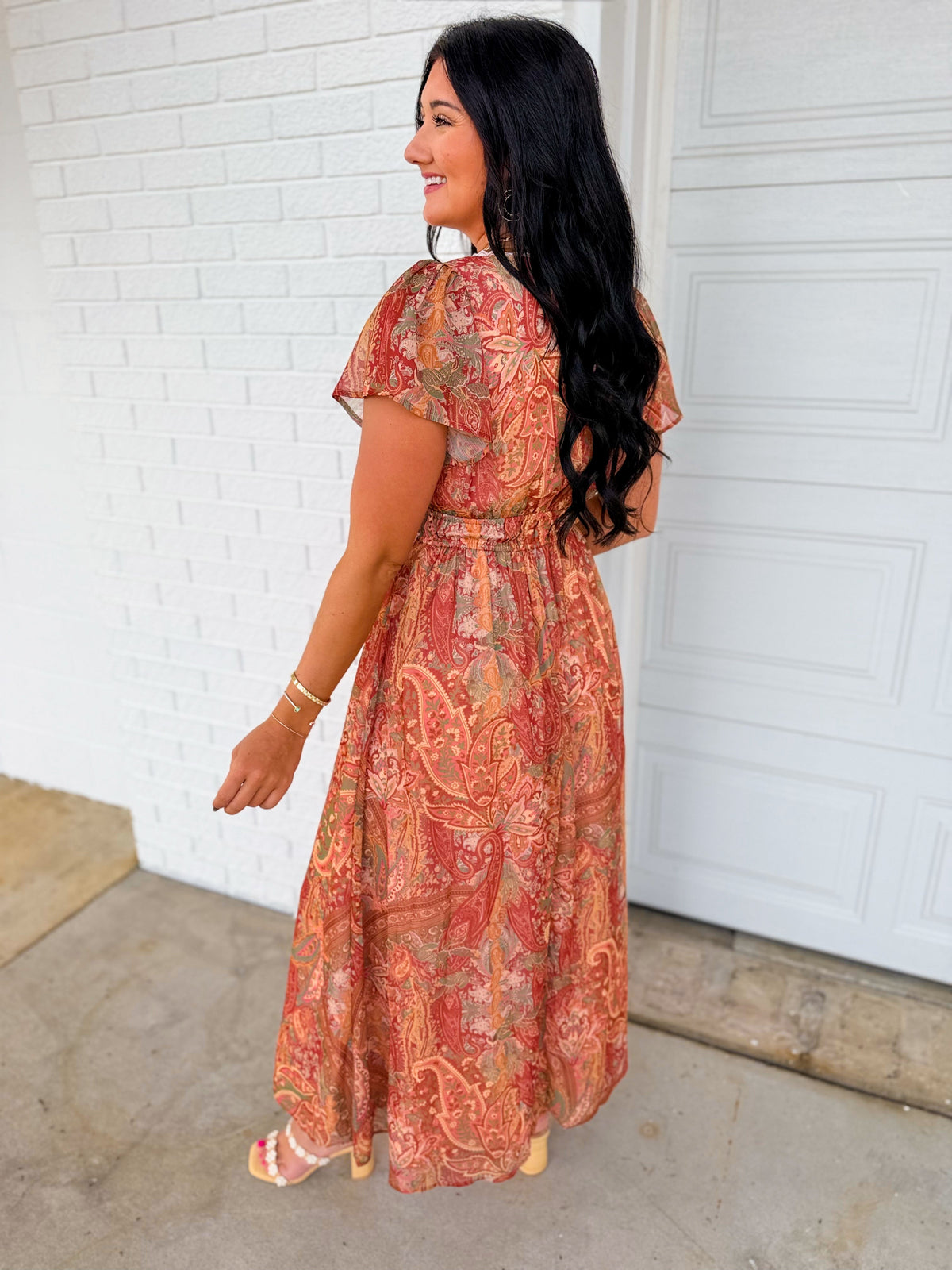 Paisley Print Lace Detail Maxi Dress - Rust Multi