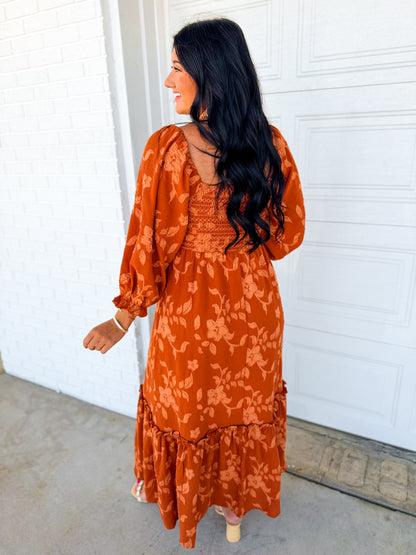 Textured Floral Smocked Maxi Dress - Burnt Orange
