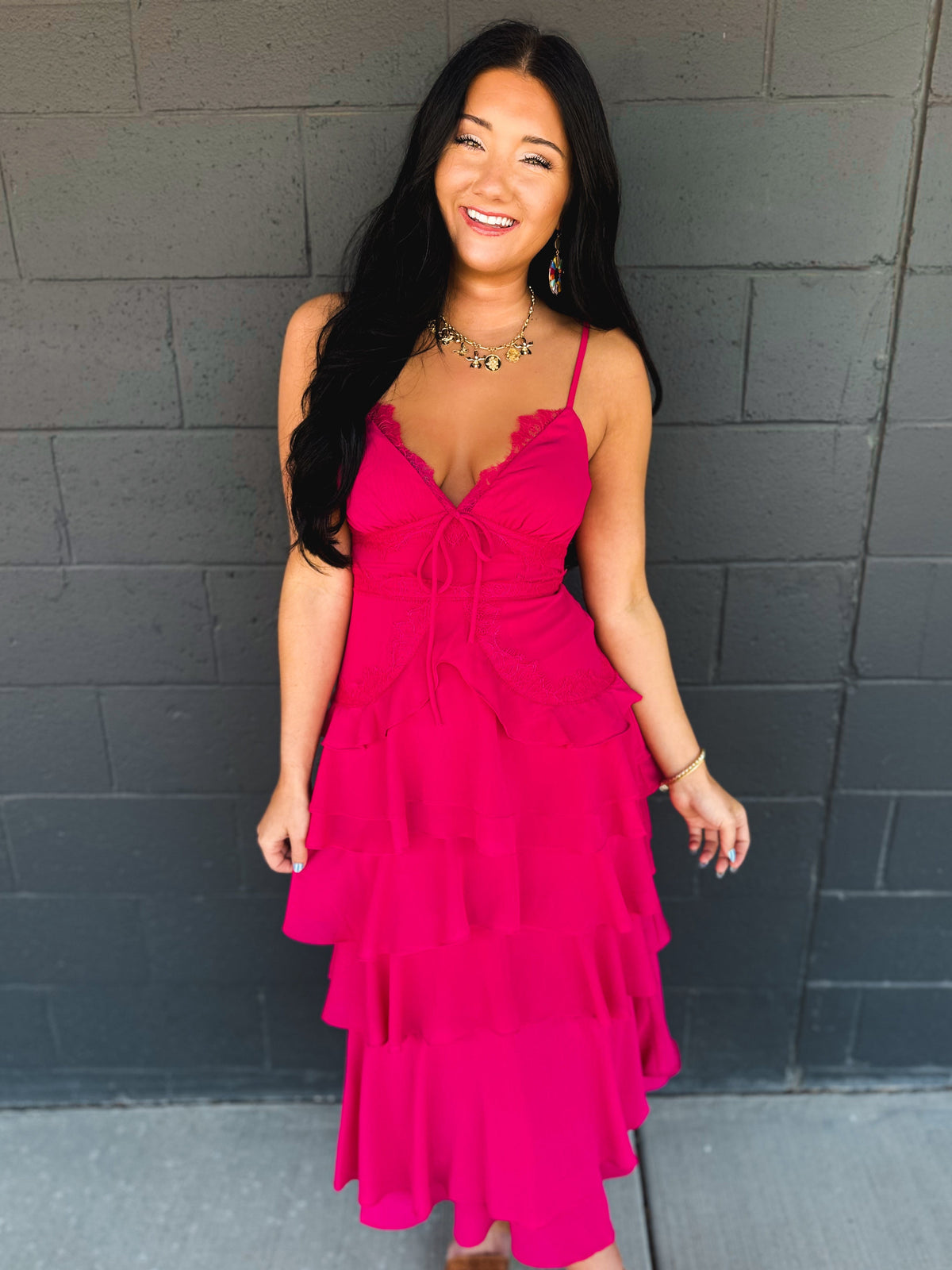 Lace Trim Tiered Midi Dress - Hot Pink