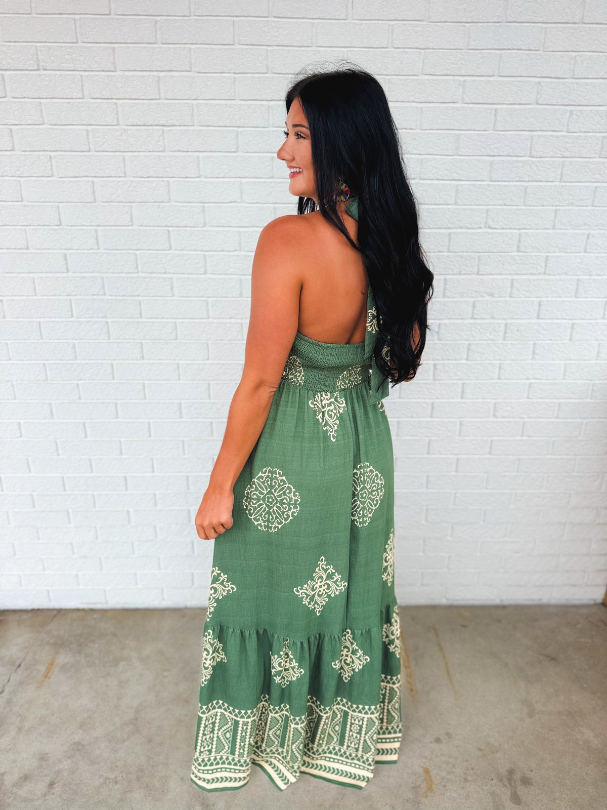 Smocked Border Print Maxi Dress - Rich Teal