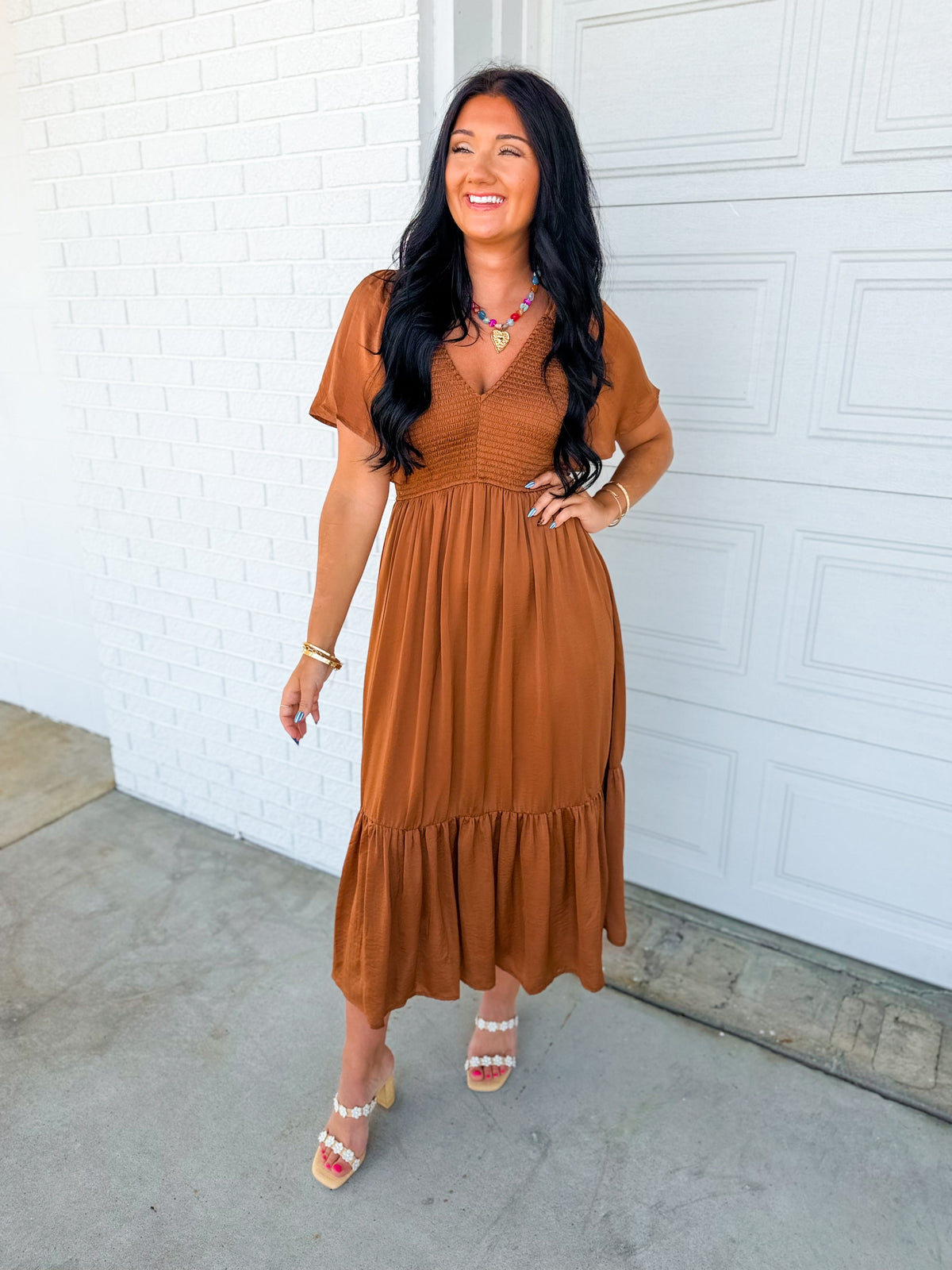 Smocked Washed Satin Tiered Maxi Dress - Sepia