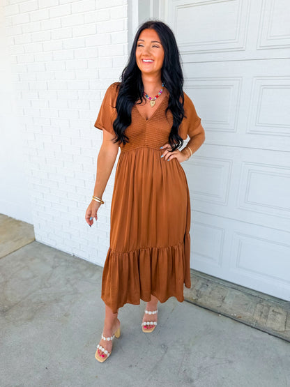 Smocked Washed Satin Tiered Maxi Dress - Sepia