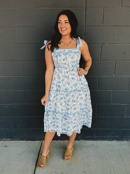 Floral Print Contrast Detail Midi Dress - Light Blue