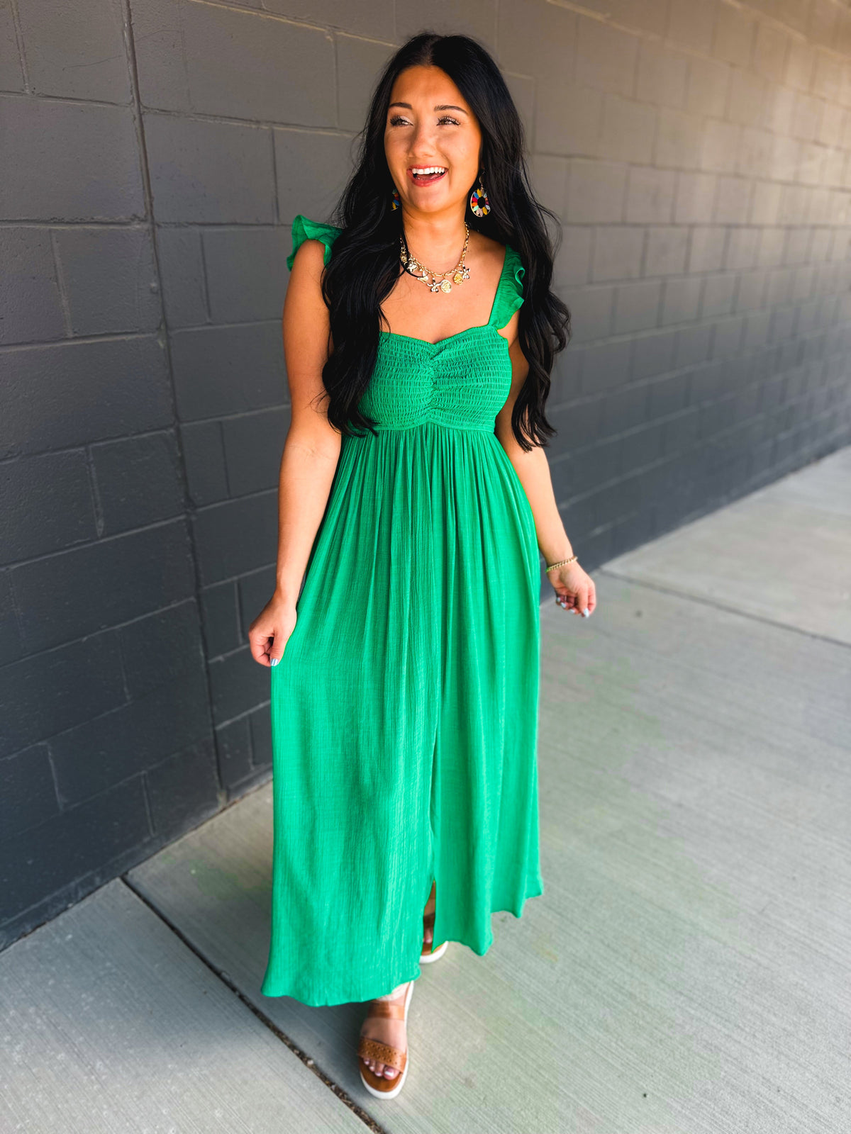 Ruffle Sleeve Front Slit Maxi Dress - Green