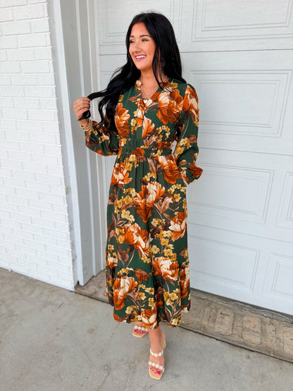 Smocked Floral Printed Long Sleeve Midi Dress - Green Multi
