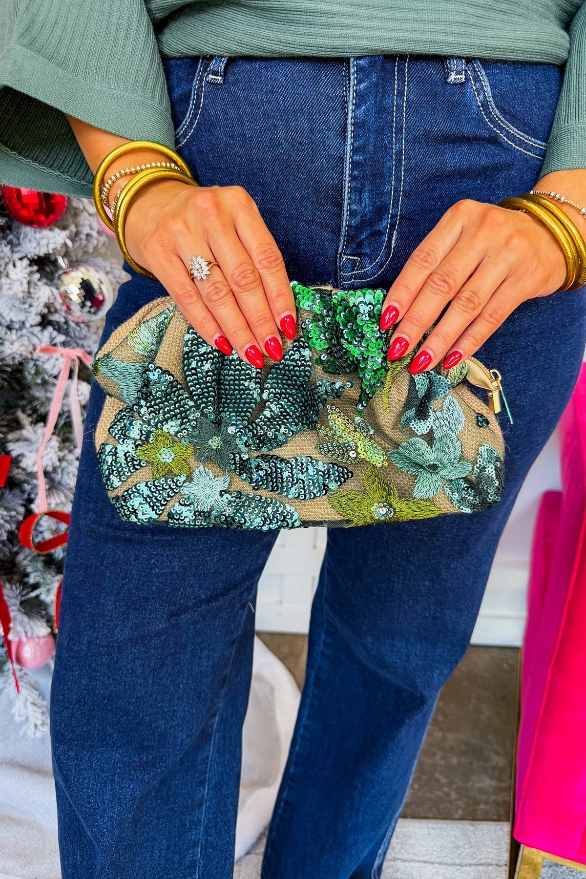 Emerald Envy Sequin Clutch
