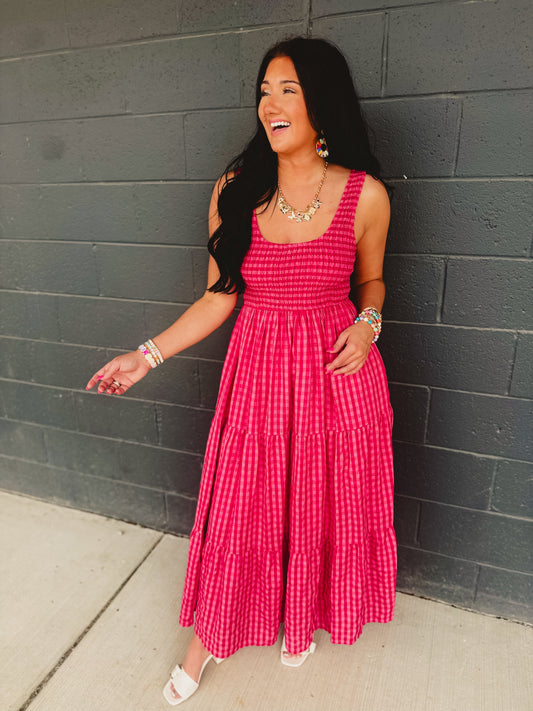 Gingham Smocked Bodice Tiered Maxi Dress - Fuchsia Multi