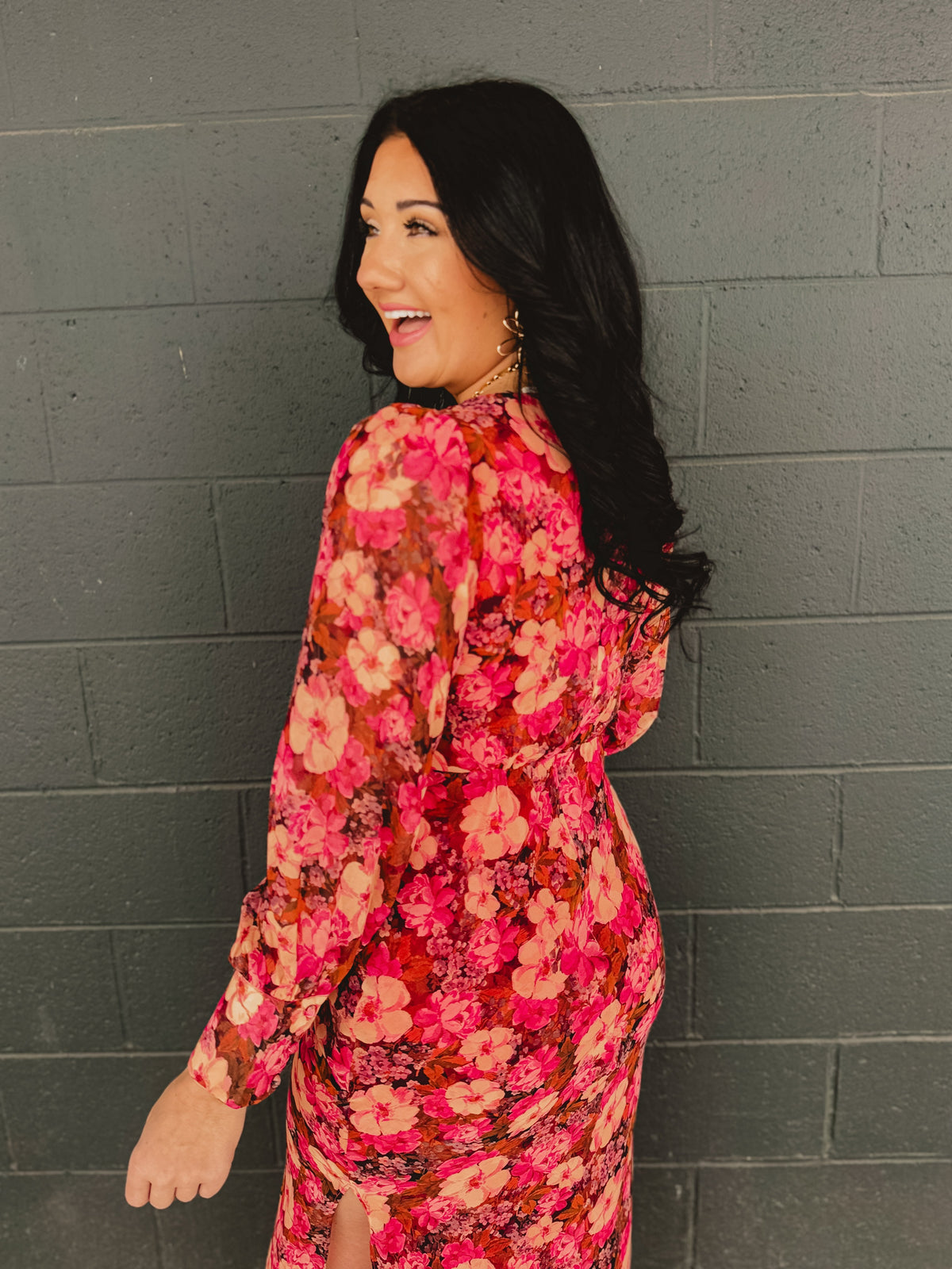Plunging V-Neck Long Sleeve Maxi Dress - Carmine Rose