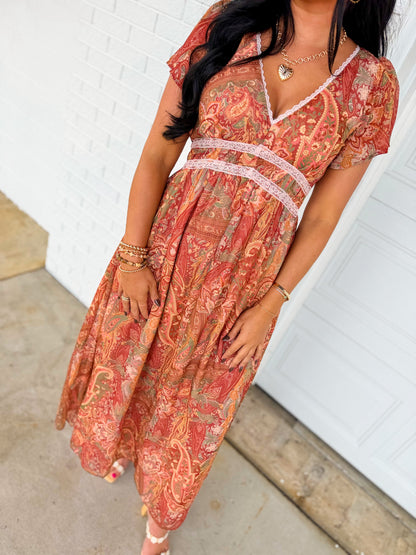 Paisley Print Lace Detail Maxi Dress - Rust Multi
