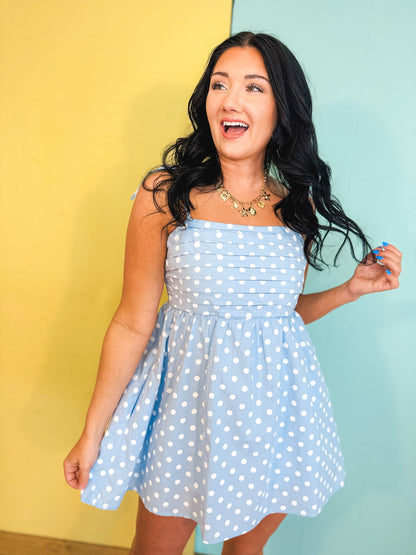 Polka Dot Pleated Mini Dress - Sky/White