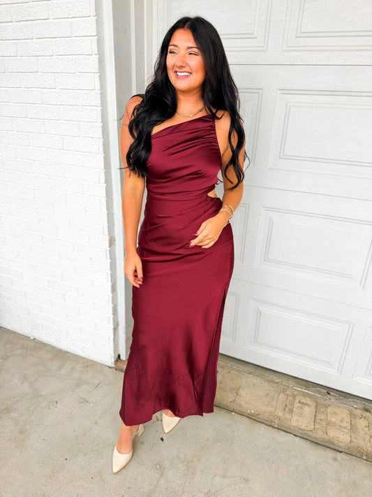 Satin One Shoulder Ruched Maxi Dress - Burgundy