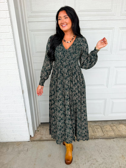 Smocked Button Detail Floral Print Maxi Dress - Dark Green