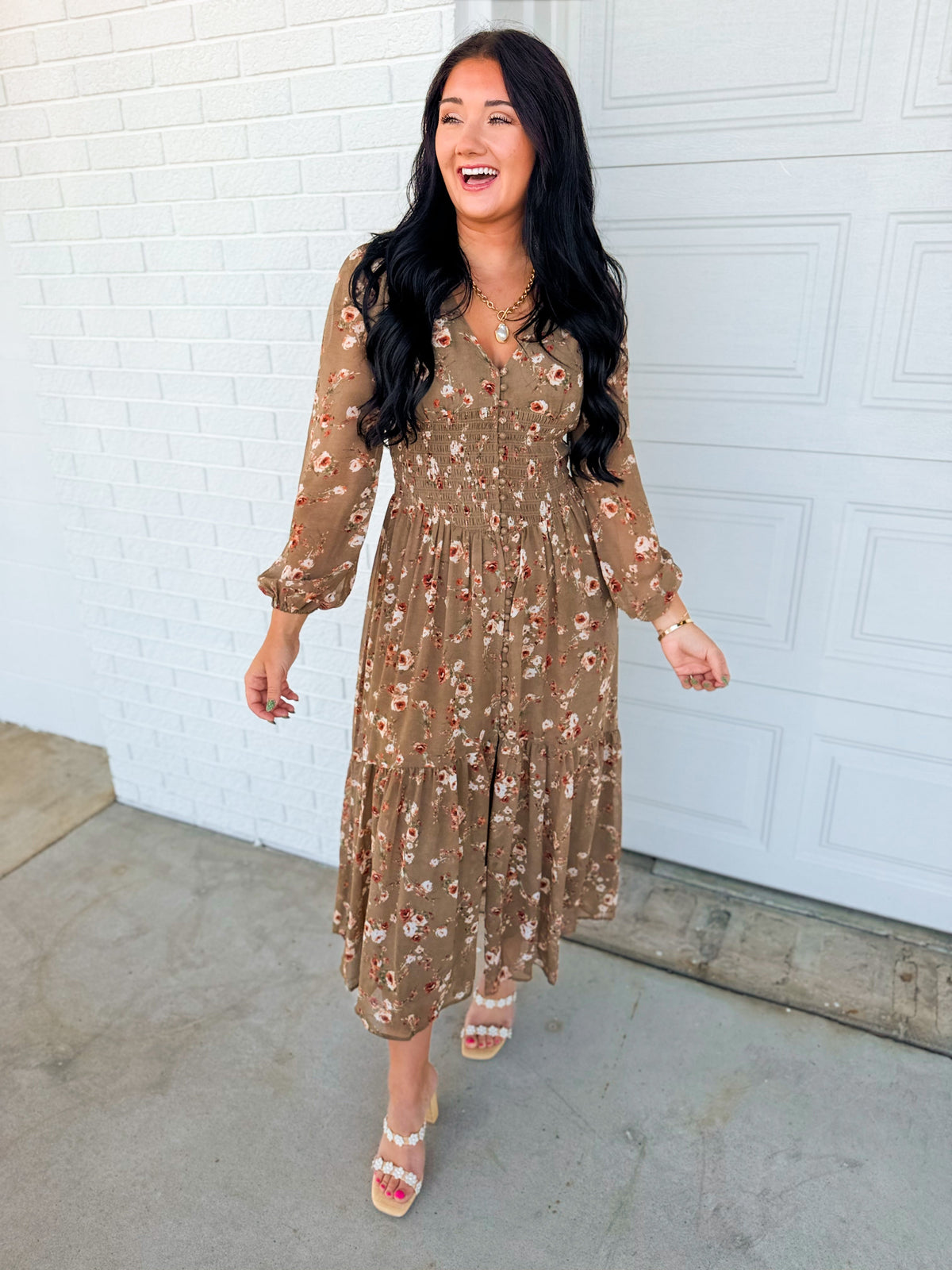 Romantic Floral Smocked Button Down Maxi Dress - Dusted Olive