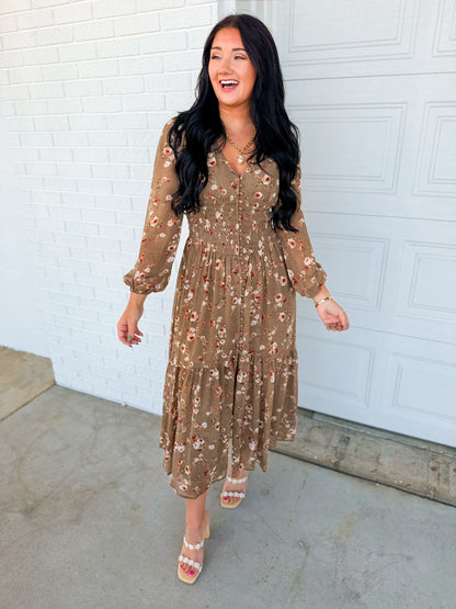 Romantic Floral Smocked Button Down Maxi Dress - Dusted Olive