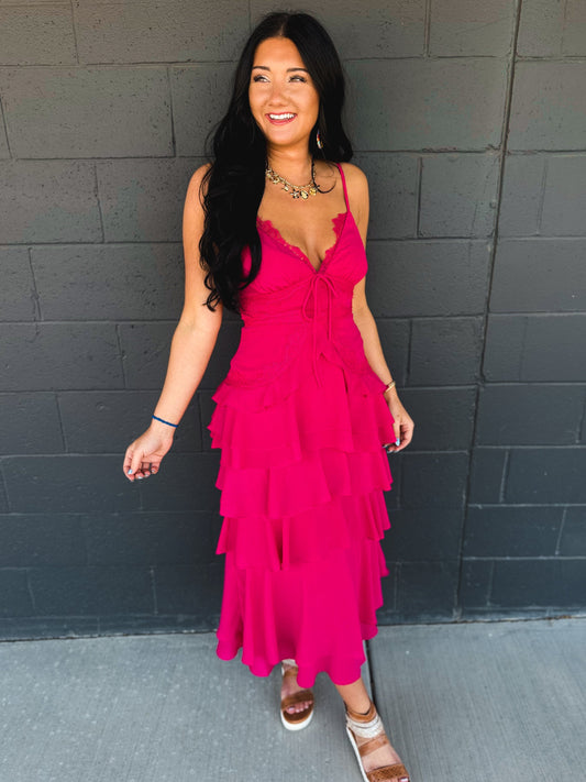 Lace Trim Tiered Midi Dress - Hot Pink