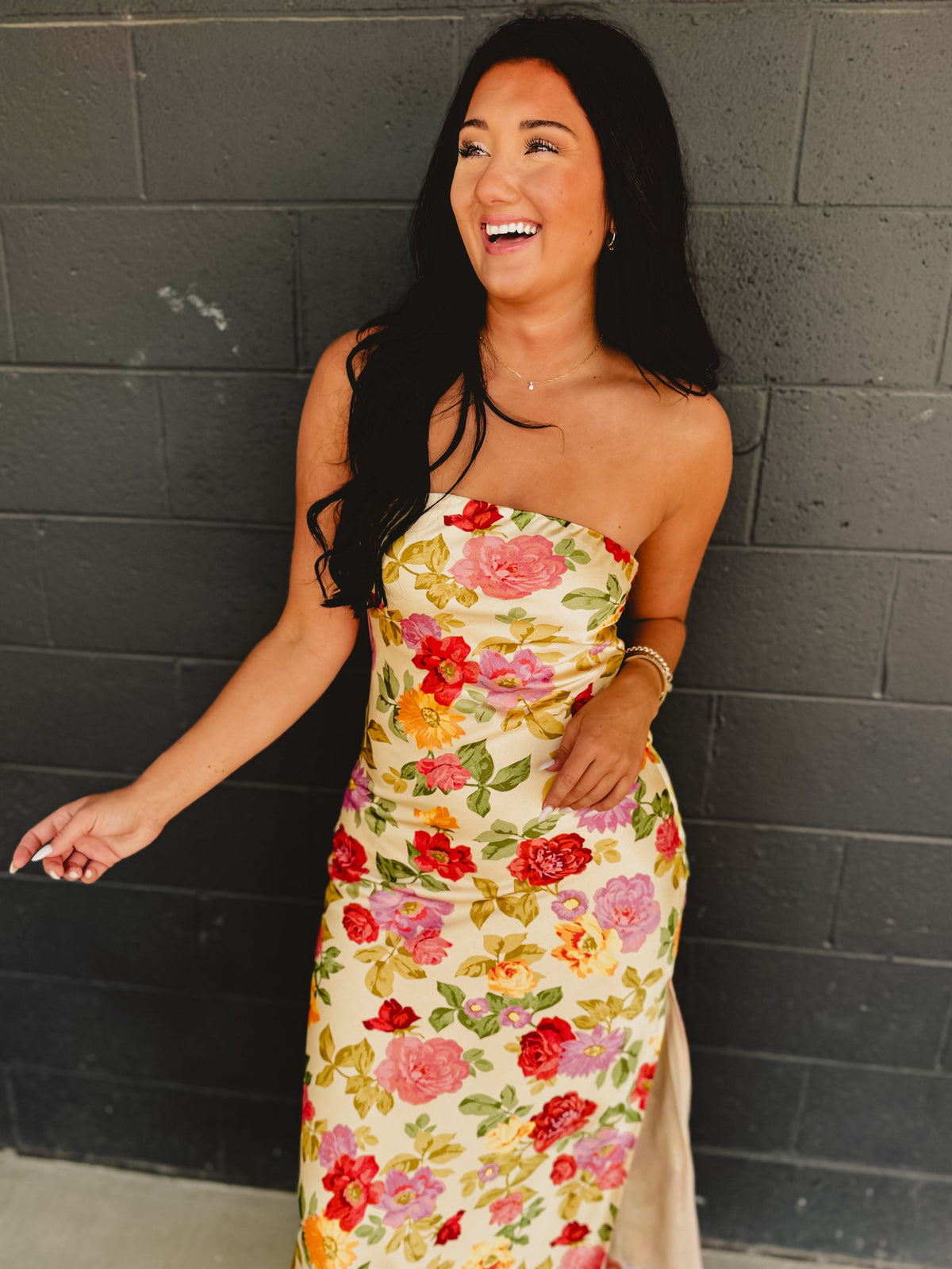 Strapless Bias Cut Satin Maxi Dress - Garden Multi