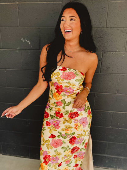 Strapless Bias Cut Satin Maxi Dress - Garden Multi