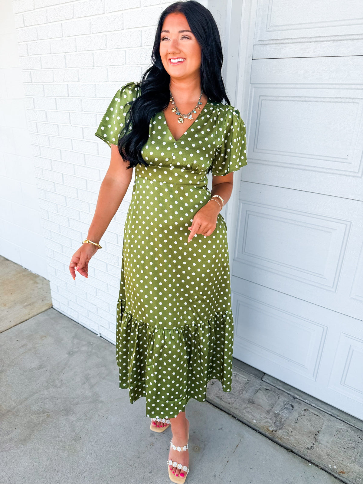 Polka Dot Flutter Sleeve Maxi Dress - Olive