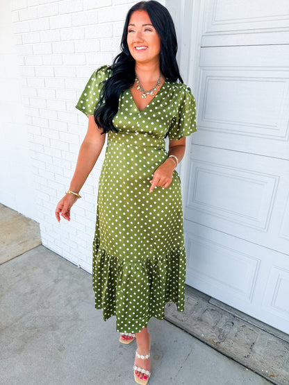 Polka Dot Flutter Sleeve Maxi Dress - Olive