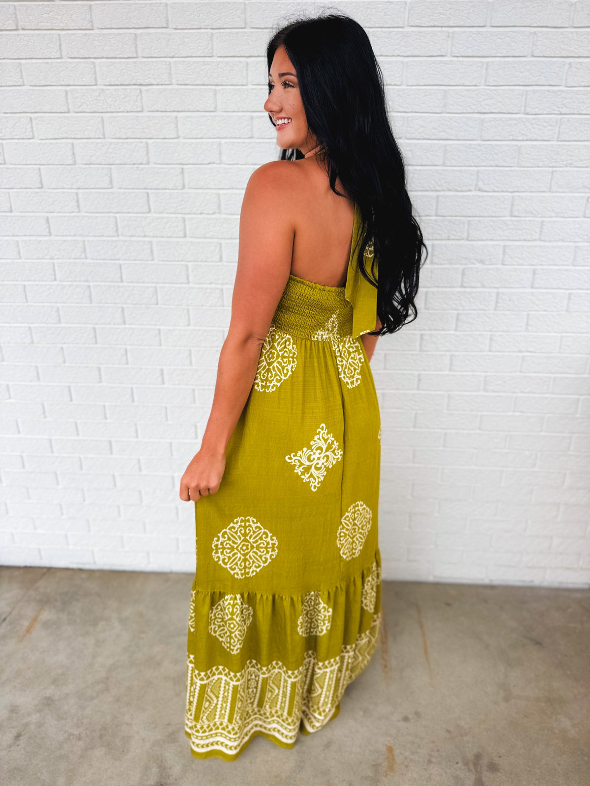 Smocked Border Print Maxi Dress - Olive Palm
